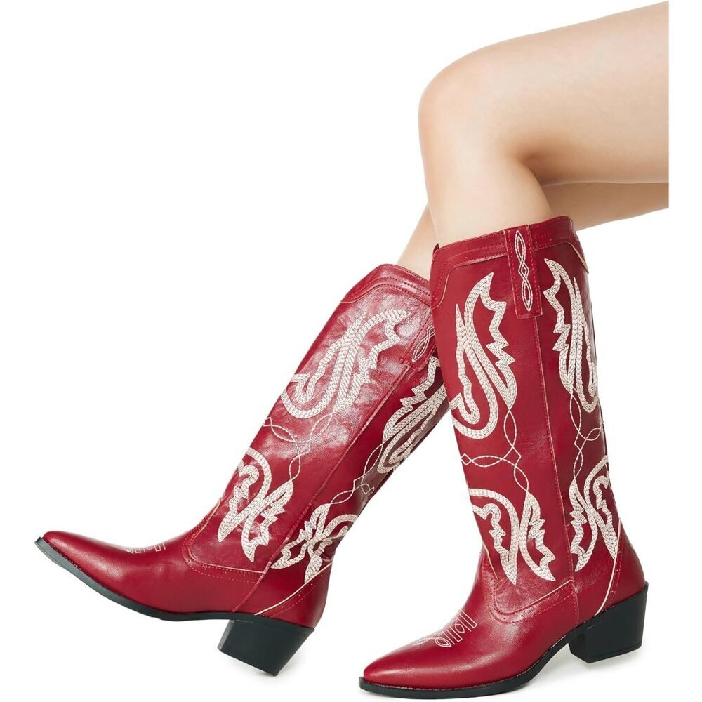 Women's Red Mid Calf Western Cowgirl Chunky Heel Embroidered Pointed Toe Boots - Picture 5 of 5